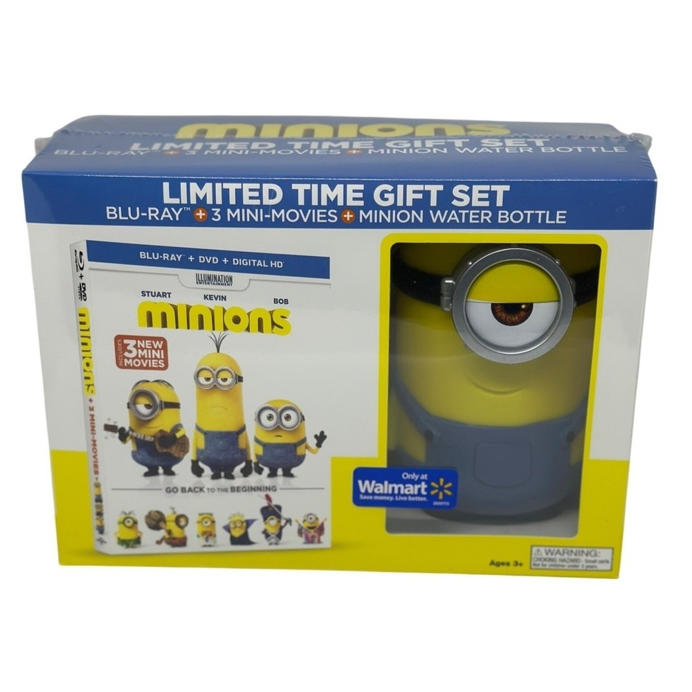 NIB Minions Blu-ray‎ DVD Gift Set 3 Mini Movies + Water Bottle Walmart Exclusive